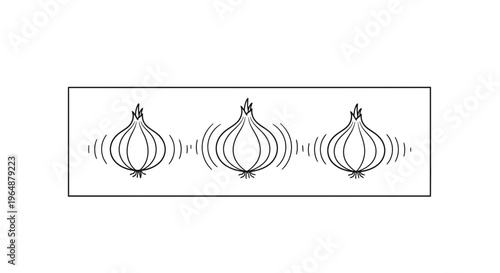 Stylized illustration of three onions emitting strong aromatic waves in a clear minimalist design