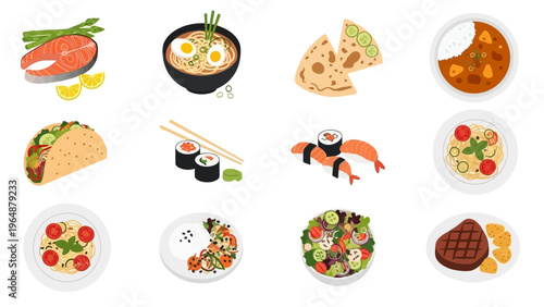 A vibrant collection of diverse and delicious food icons, showcasing global cuisine and culinary delights