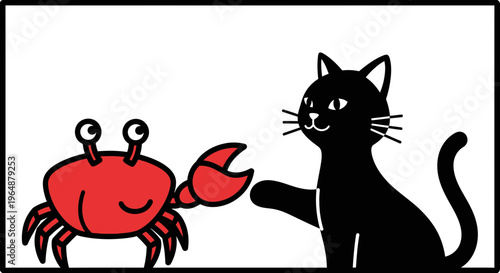 A charming simple black cat encountering a friendly red crab illustration on a white background