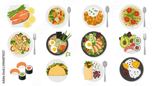 A vibrant overhead view of a diverse collection of delicious and healthy meals displayed on white plates