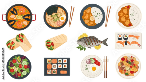 A diverse collection of international cuisine, featuring seafood, noodles, sushi, salads, and wraps
