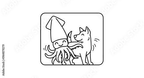 Adorable monochrome illustration of a cheerful squid affectionately hugging a happy wagging dog