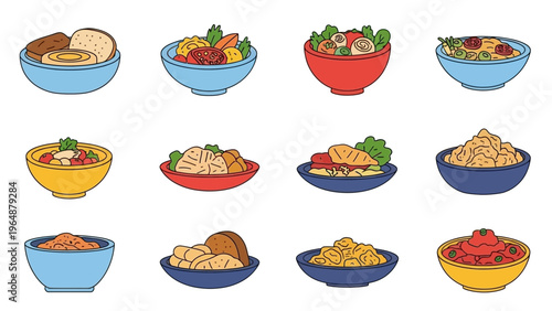 Collection of colorful cartoon bowls filled with various delicious and healthy food dishes