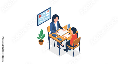 Teacher helping student with homework in a classroom setting.