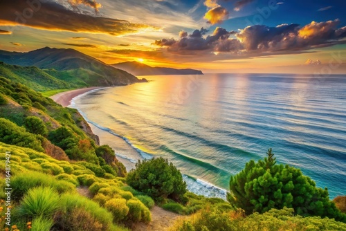 Serene Coastal Vista at Sunrise Golden Hues Illuminate a Secluded Bay with Gentle Waves Rolling Onto a Sandy Shore, Lush Greenery Carpeting Rolling Hills