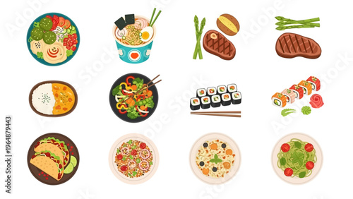 A vibrant collection of diverse culinary dishes, showcasing global cuisine and mealtime delights