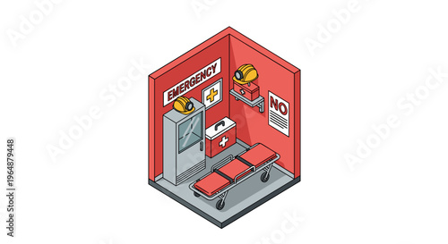 Isometric Emergency Room Illustration with Medical Equipment and Red Walls.