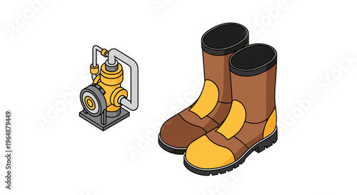 Isometric Fire Hydrant and Firefighter Boots Illustration.