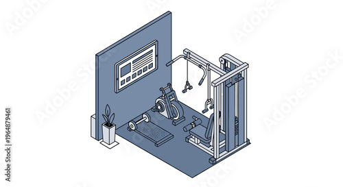 Isometric Home Gym Setup with Exercise Equipment and Fitness Gear.