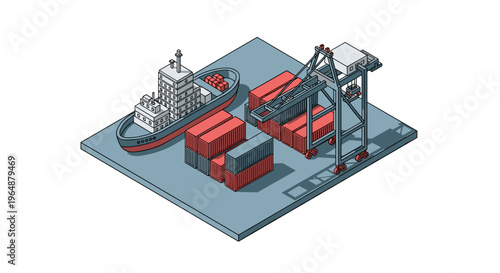 Isometric illustration of a bustling cargo port with ship and containers.