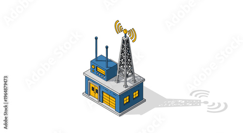 Isometric illustration of a communication tower and building broadcasting signals.