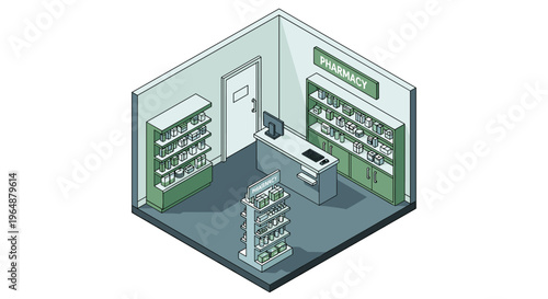 Isometric Pixel Art Pharmacy Interior with Shelves and Counter.