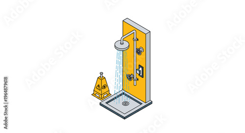 Isometric Shower with Yellow Panel and Floor Drain.