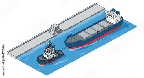 Isometric view of a cargo ship being assisted by a tugboat near a dock.