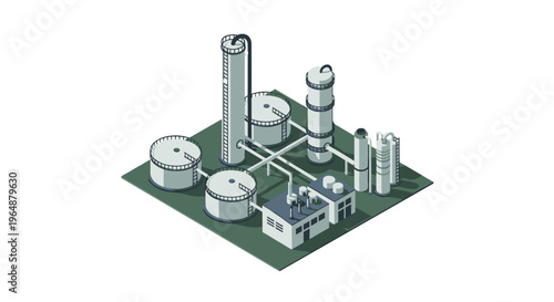 Isometric Industrial Plant Illustration with Storage Tanks and Processing Units.