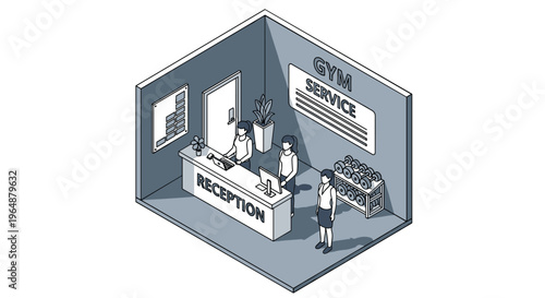 Isometric view of a gym reception area with people checking in.