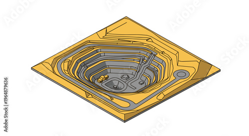 Isometric view of a large open-pit mine with terraced levels and roads.