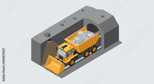Isometric view of a front loader filling a dump truck inside a mine.