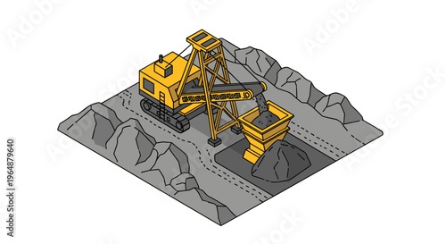 Isometric view of a large yellow mining excavator digging coal.