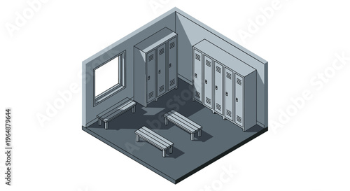 Isometric view of a modern locker room interior with benches and lockers.