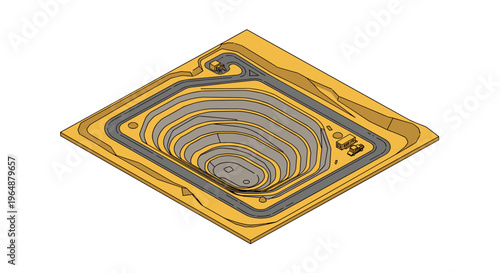 Isometric view of a stylized open-pit mine with terraced layers and surrounding infrastructure.