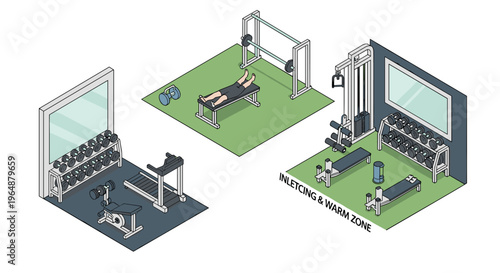 Isometric view of three distinct gym areas with various fitness equipment.