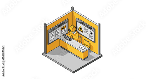 Isometric view of a worker in a hazardous material containment area.