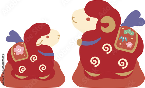 年賀2027　未年の年賀状素材　羊の親子の土鈴イラスト　かわいい　アイコン　飾り　シンプル　縁起物