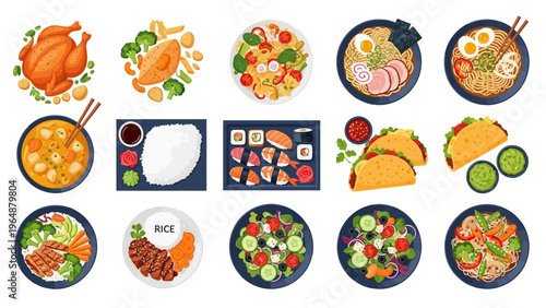 Delicious assortment of various food dishes and meals presented on a white background, suitable for culinary themes