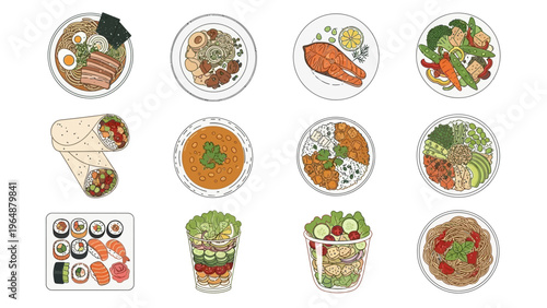 A diverse collection of delicious and healthy food dishes, showcasing various cuisines and meal types