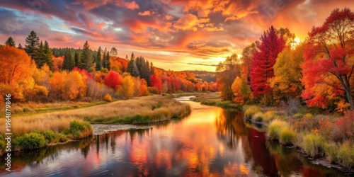 Serene Autumn River Reflecting a Vivid Sunset Sky, with Banks of Colorful Trees and Golden Grass
