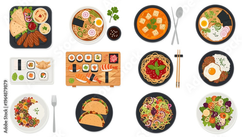 Collection of delicious and diverse food dishes from around the world presented from a top view perspective