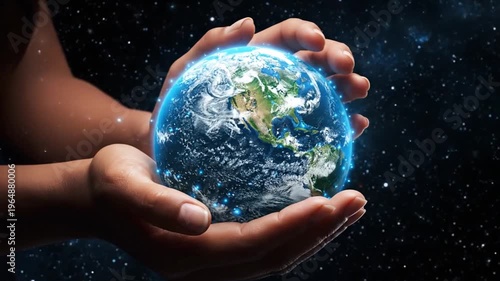 Hands Holding Earth in Space Cosmic.