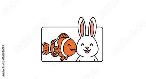 Joyful Cartoon Clownfish and White Bunny Rabbit Sharing a Happy Moment in a Simple Illustrated Frame