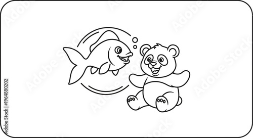 Charming Black and White Cartoon Featuring a Happy Panda and a Smiling Fish Friend