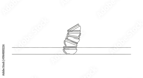 Minimalist continuous line art depicting a precariously balanced stack of kitchen bowls,