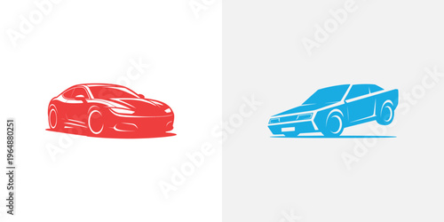 Red and blue cars side by side on white background