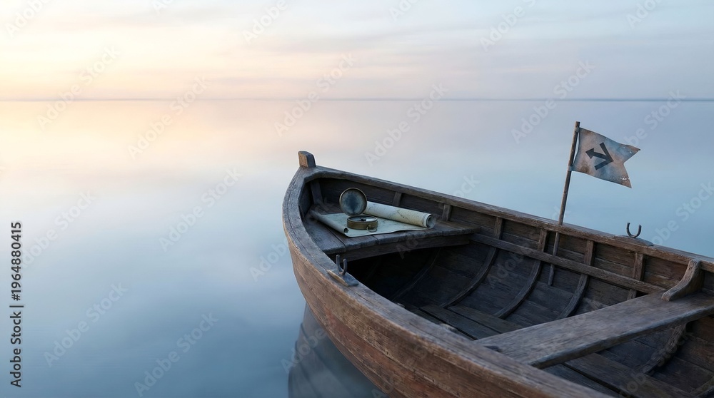 Obraz premium Close-up of a lone wooden boat with navigation tools on calm water, signaling a new business venture.