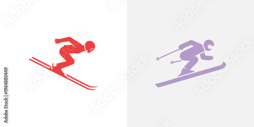 Red and purple silhouettes of skiers in motion skiing