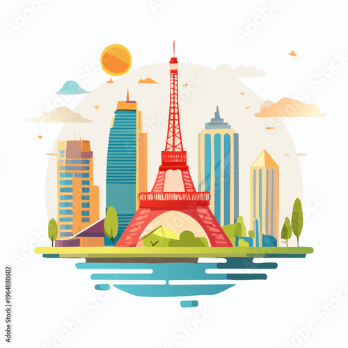 Iconic Parisian Landmark Surrounded by Modern Cityscape and Natural Elements