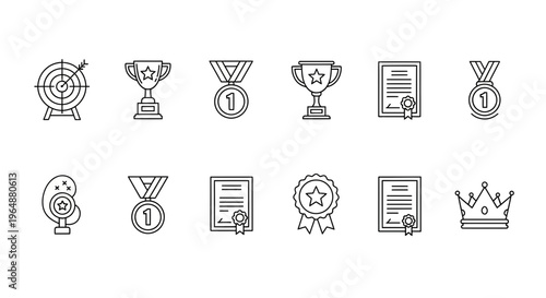 A collection of achievement icons including trophies medals certificates and awards
