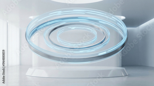 Wallpaper Mural Futuristic blue holographic energy rings floating above white podium in minimalist laboratory, high tech product display concept, digital interface and artificial intelligence research facility Torontodigital.ca