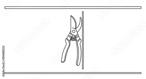 Detailed line art illustration of classic garden pruning shears for horticulture tasks and plant