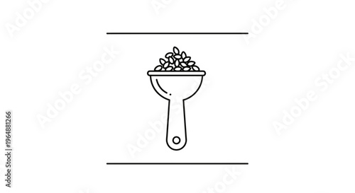 Minimalist black and white outline vector illustration of a scoop overflowing with fresh organic