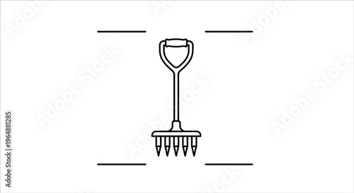 Minimalist black outline drawing of a classic hand cultivator tool for garden work and soil