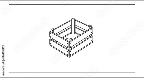 Isometric Line Art Drawing of an Empty Wooden Crate for Storage or Produce Container
