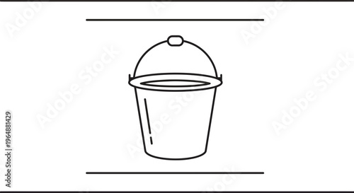 Minimalist black and white line art illustration of a classic utility bucket with an arched handle