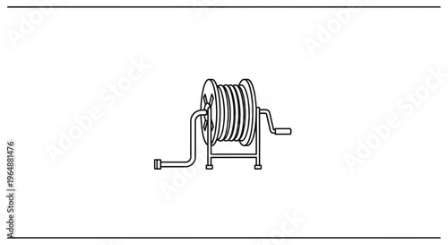 Minimalist line art illustration of a functional garden hose reel for outdoor watering and storage