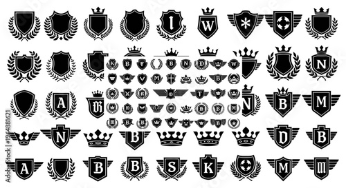 Collection of 54 black and white heraldic shields crests and logos with letters and laurel wreaths