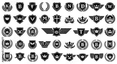 Collection of 40 black and white heraldic shields and crests logos